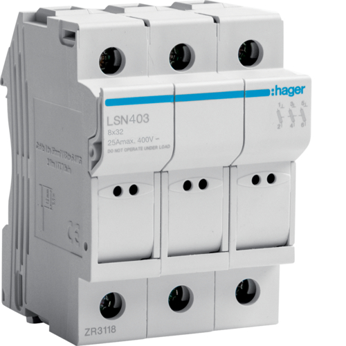 Modułowa podstawa bezpiecznikowa 3P wkł.bezp.cyl.L32 8X32mm, 25A 400VAC - LSN403 - HAGER - BERKER