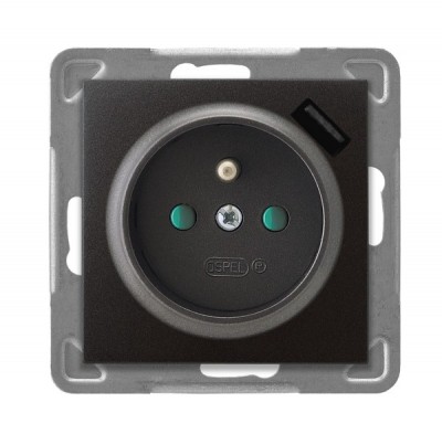 GNIAZDO POJEDYNCZE Z UZIEMIENIEM 2P+Z Z PRZESŁONAMI ZACISKI AUTOMATYCZNE Z ŁADOWARKĄ USB 16A/230 USB 5V/2.1A IP20 ANTRACYT IMPRESJA - GP-1YZPUSB/m/50 - OSPEL