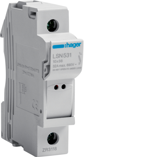 Modułowa podstawa bezpiecz. z lampką 1P wkł.bezp.cyl.L38 10x38mm, 32A 690VAC - LSN531 - HAGER