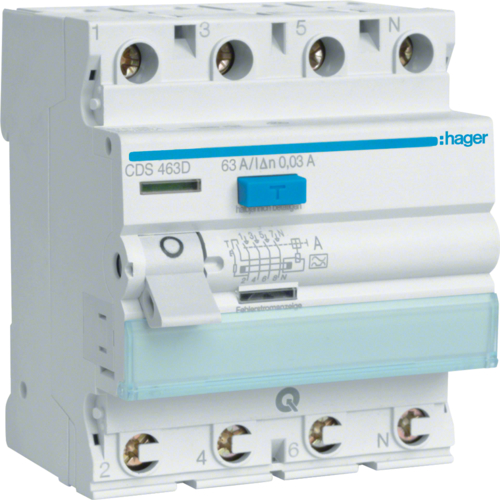 RCCB Wyłącznik różnicowoprądowy 3P+N 63A/30mA Typ A QuickConnect - CDS463D - HAGER
