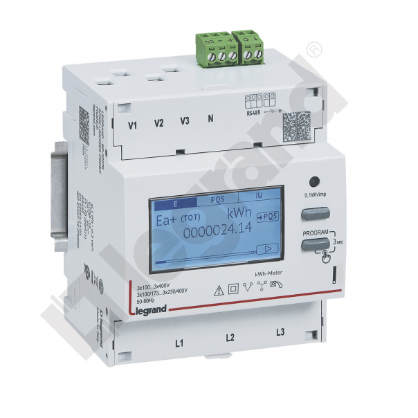 LICZNIK ENERGII POMIAR PRZEZ PRZEKŁADNIKI CT, 3 FAZOWY 5 A Z WYJŚCIEM RS485, 2 TARYFY - 412043 - LEGRAND