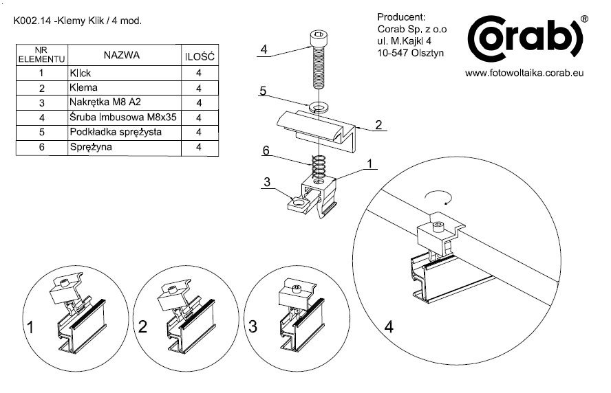 Klemy końcowe NOWY KLIK AL na panel 32-42 mm - XFS_K002.14 - CORAB