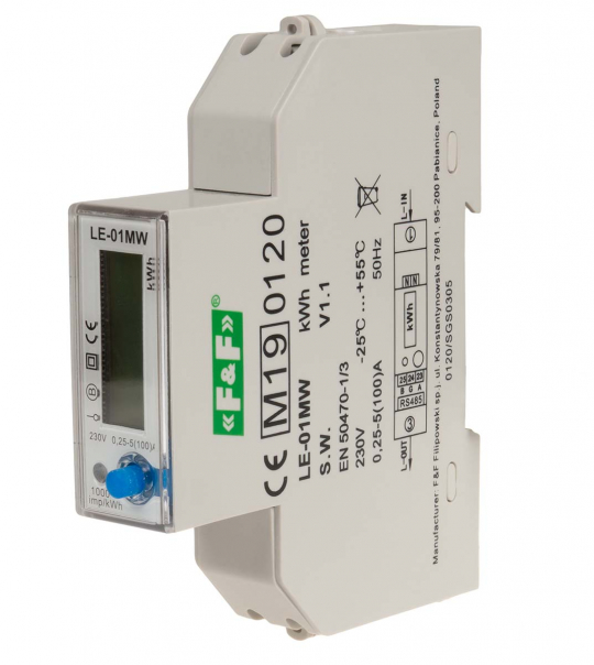 Jednofazowy licznik zużycia energii czynnej, biernej, Modbus RTU, wielotaryfowy - LE-01MW - F&F