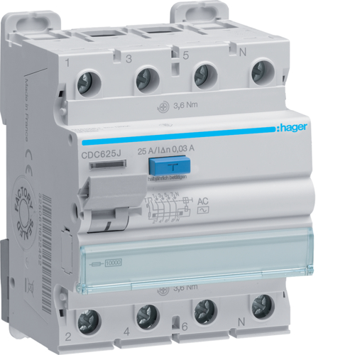 Wyłącznik różnicowoprądowy 3P+N 25A 30mA 10kA AC RCCB - CDC625J - HAGER