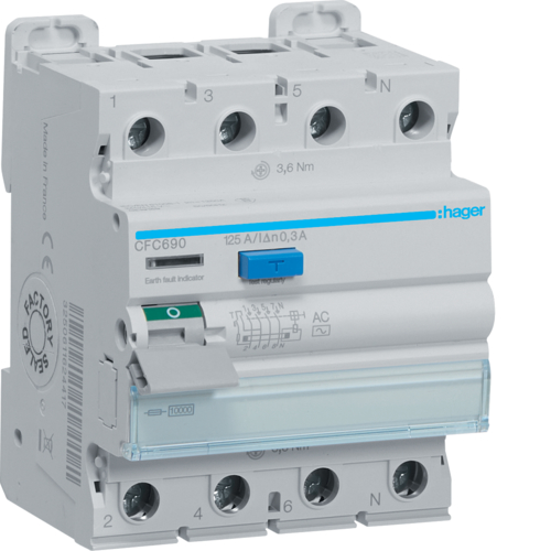 WYŁĄCZNIK RÓŻNICOWOPRĄDOWY RCCB 3P+N 125A 300mA 10kA AC. - CFC690 - HAGER