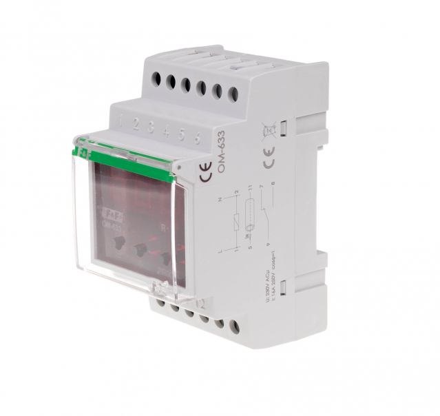 Ogranicznik z funkcją przekaźnika napięciowego, LCD, pomiar do 10kW, montaż na szynie DIN - OM-633 - F&F