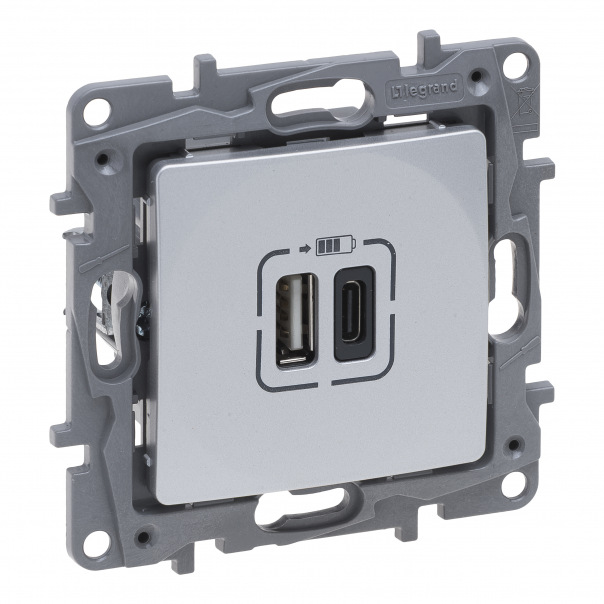 NILOE SELECTION - GNIAZDO 2 X USB TYP A+C - 3 A ALUMINIUM - 762197 - LEGRAND