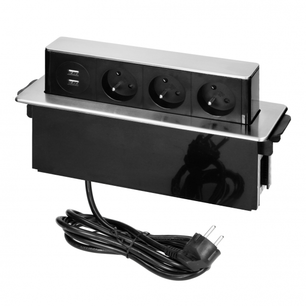 Gniazdo meblowe wysuwane z blatu z płaskim frezowanym rantem, ładowarką USB i przewodem 2m,  3x2P+Z, 2 x USB (2,4A), 3x1,5mm2, czarno-srebrne, INOX - OR-GM-9009/B-G - ORNO