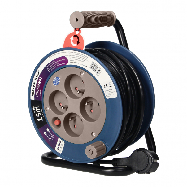 Przedłużacz bębnowy MINI, 4 gniazda 2P+Z, metalowy stojak, polwinit H05VV-F 3x1mm2 - 15m, szary - OR-AE-1339/G - ORNO