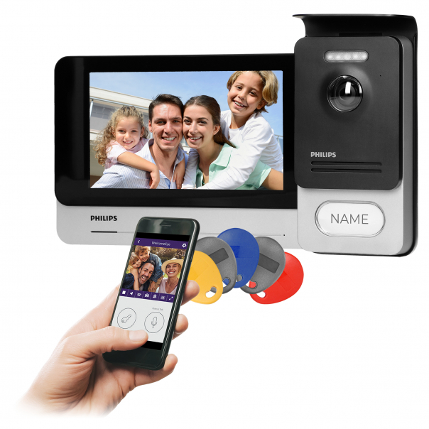 Zestaw wideodomofonowy, monitor 7", dotykowy, menu OSD,  WI-FI + APP na telefon, sterowanie bramą, z czytnikiem breloków zbliżeniowych 125kHz, parowanie dźwiękiem, Philips WelcomeEye Connect 2 - 531136 - ORNO