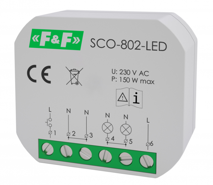 Ściemniacz oświetlenia SCO-802-LED do źródeł światła LED, z pamięcią ustawień natężenia oświetlenia, z funkcją Softstart. - SCO-802-LED - F&F