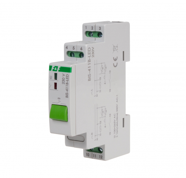Przekaźnik bistabilny BIS-411B-LED z przyciskiem do sterowania ręcznego, na szynę DIN, z przekaźnikiem inrush 160A/20ms - BIS-411B-LED - F&F