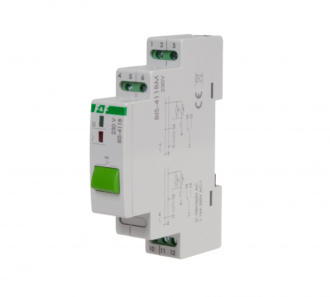 Przekaźnik bistabilny BIS-411BM z przyciskiem do sterowania ręcznego i z pamięcią, montaż na szynie DIN, 230V - BIS-411BM - F&F