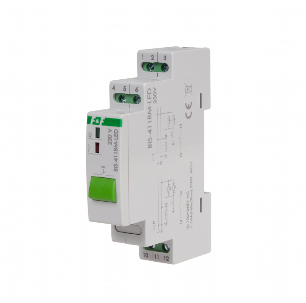 Przekaźnik bistabilny BIS-411BM-LED z przyciskiem do sterowania ręcznego, pamięcią, montaż na szynie DIN, 230V, z przekaźnikiem inrush 160A/20ms - BIS-411BM-LED - F&F