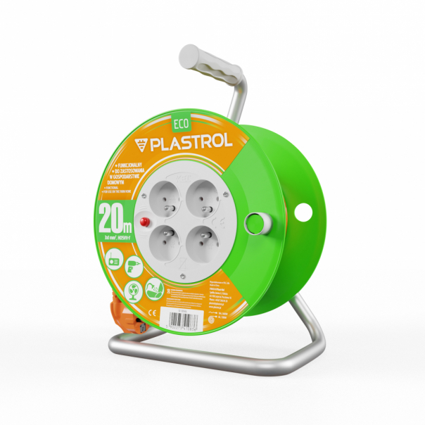 PRZEDŁUŻACZ BĘBNOWY ECO LINE, 4x2p+Z, 10A, 2300W, PRZEWÓD 3x1mm H05VV-F; 20m POMARAŃCZOWY - PB-ST/S/20M/3X1/H05VV-F ECO POM - PLASTROL