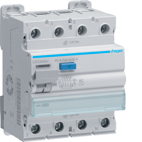 RCCB Wyłącznik różnicowoprądowy 3P+N 40A 30mA 10kA AC - CDC640J - HAGER