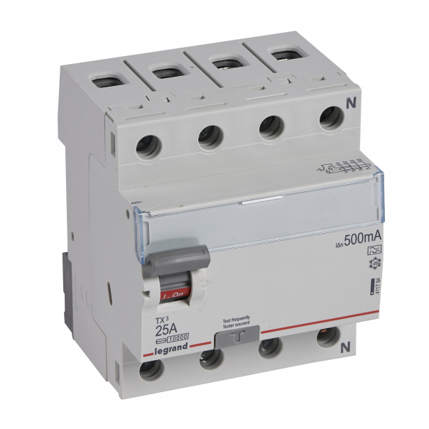 WYŁĄCZNIK RÓŻNICOWY 25A 4 POLOWY 500MA TYP A SERII TX3 P 304 - 411794 - LEGRAND