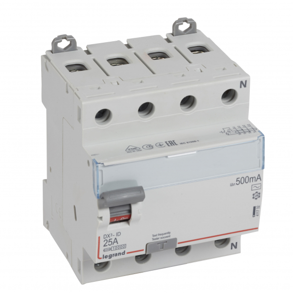 WYŁĄCZNIK RÓŻNICOWY 25A 500MA 4-POLOWY TYP AC SERII DX3 P304 - 411732 - LEGRAND