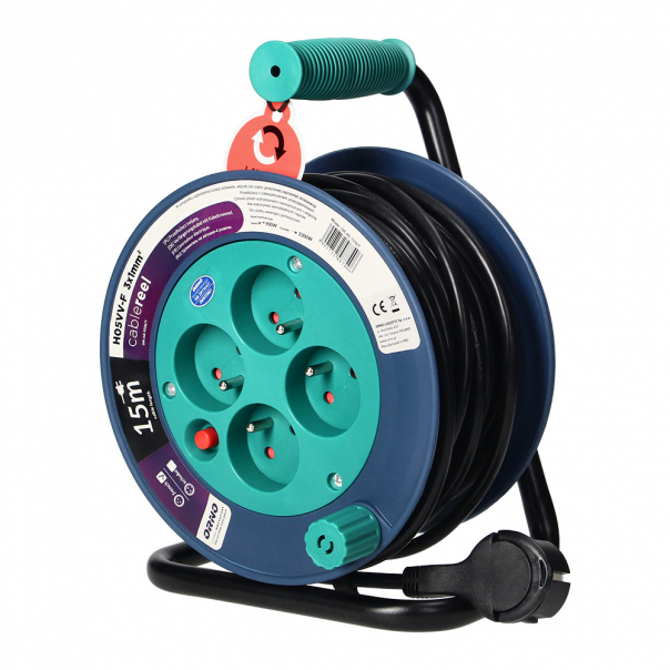 Przedłużacz bębnowy MINI, 4 gniazda 2P+Z, metalowy stojak, polwinit H05VV-F 3x1mm2 - 15m, turkusowy - OR-AE-1339/T - ORNO