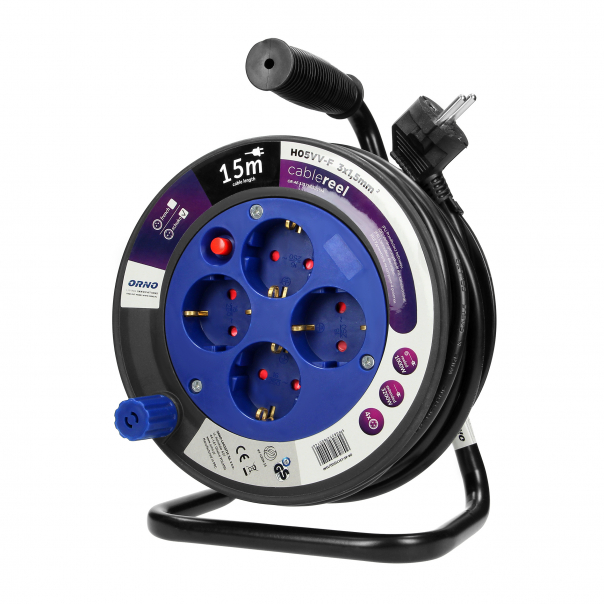 Przedłużacz bębnowy MINI, 4 gniazda 2P+Z (Schuko), metalowy stojak, polwinit H05VV-F 3x1.5mm2 - 15m - OR-AE-13171(GS)/15M - ORNO