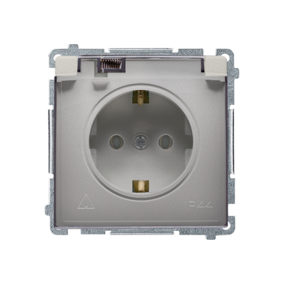 GNIAZDO WTYCZKOWE SCHUKO DO WERSJI IP44 Z PRZESŁONAMI (MODUŁ) 16A, 250V~,ZACISKI ŚRUBOWE; SATYNOWY. KLAPKA TRANSPARENTNA - BMGSZ1BZ.01/29A - KONTAKT SIMON