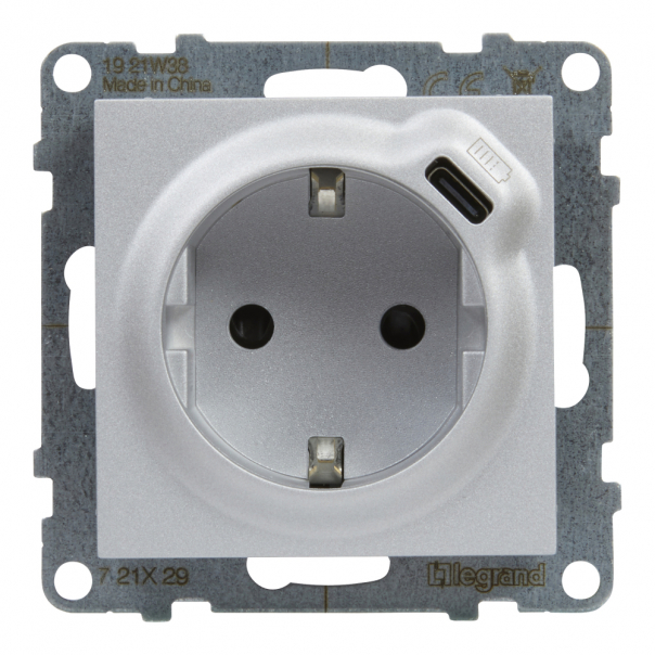 GNIAZDO SCHUKO 2P+Z - 16 A - 250 V~ - + USB TYP C - 1,5 A - 5 V ALUMINIUM SUNO - 721329 - LEGRAND