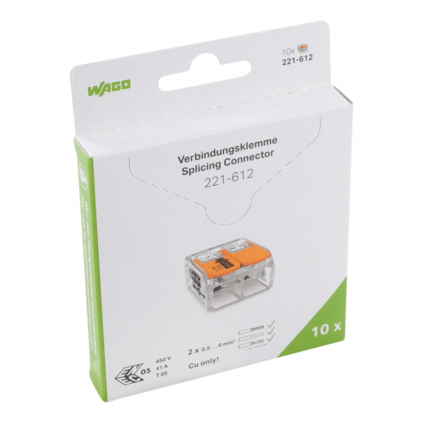 SZYBKOZŁĄCZKA 2X0,5-6MM2 Z DZWIGNIAMI UNIWERSALNA COMPACT TRANSPARENTNA WAGO  BLISTER OPAKOWANIE 10 SZTUK  - 221-612/995-010 - WAGO