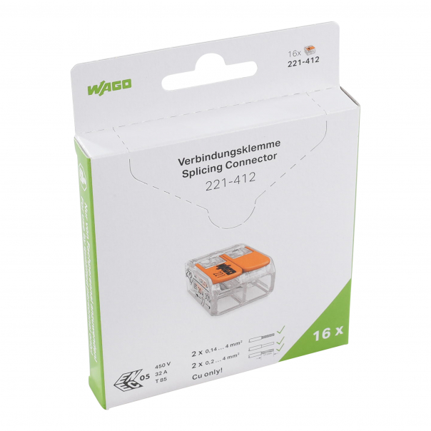 SZYBKOZŁĄCZKA 2X0,2-4MM2 Z DZWIGNIAMI UNIWERSLANA COMPACT TRANSPARENTNA WAGO /OPAKOWANIE BLISTER 16 SZT. - 221-412/995-016 - WAGO
