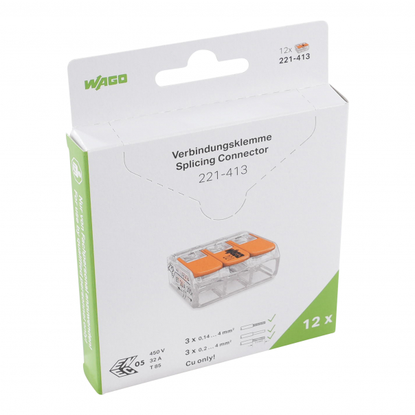 SZYBKOZŁĄCZKA 3X0,2-4MM2 Z DZWIGNIAMI UNIWERSALNA COMPACT TRANSPARENTNA WAGO /BLISTER 12 SZT/  - 221-413/995-012 - WAGO