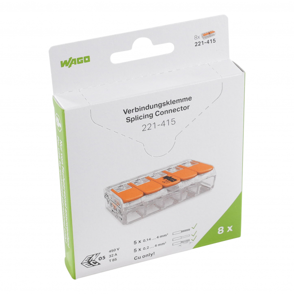 SZYBKOZŁĄCZKA 5X0,2-4MM2 Z DZWIGNIAMI UNIWERSALNA COMPACT TRANSPARENTNA WAGO /BLISTER 8 SZT/  - 221-415/995-008 - WAGO