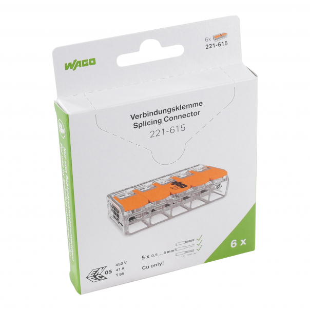 SZYBKOZŁĄCZKA 5X0,5-6MM2 Z DZWIGNIAMI UNIWERSALNA COMPACT TRANSPARENTNA /1BLIST OPAKOWANIE 6 SZT/ - 221-615/995-006 - WAGO