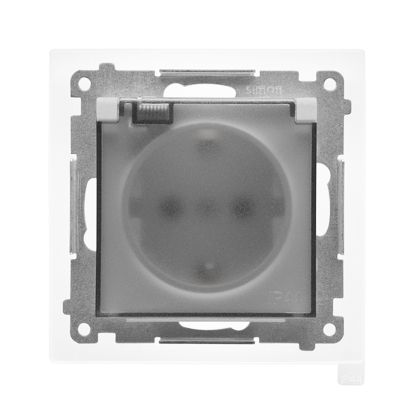 Gniazdo Schuko do wersji IP44 z przesłonami z uszczelką ramki (moduł) 16 A, 250 V~, szybkozłącza. Klapka transparentna; Aluminium mat Simon 55 - TGSZ1BCZ.01/143A - KONTAKT SIMON