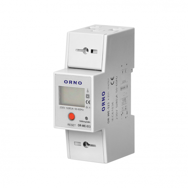 1-fazowy wskaźnik zużycia energii elektrycznej, 80A, MID, dodatkowy wskaźnik, wyjście impulsowe, przycisk RESET, 2 moduły, DIN TH-35mm - OR-WE-523 - ORNO