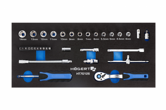 Zestaw narzędzi z grzechotką 1/4", 34 szt., wkład EVA - HT7G126 - HOGERT