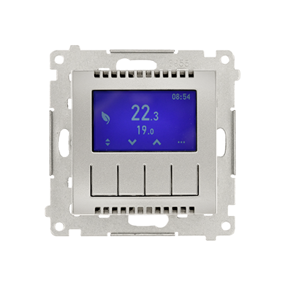 Termostat programowalny z wyświetlaczem z wew/zewn czujnikiem temperatury, bez sondy (moduł) 16(2) A, 230V~; srebrny mat - DETD1A.01/43 - KONTAKT SIMON