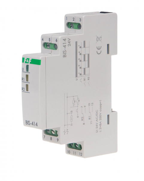 Przekaźnik bistabilny, sekwencyjny 9&divide;30 V AC/DC, na szynę DIN, z przekaźnikiem inrush 160A/20ms - BIS-414-LED-24V - F&F