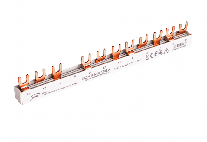 SZYNA PRĄDOWA ŁĄCZENIOWA - WIDEŁKOWA SW3F 10 12M63A 3 - FAZOWA 63A 12 MODUŁÓW PRZEKRÓJ 10MM2 3P+N - 81992206 - SIMET