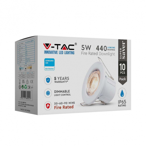 5W Oprawa wpuszczana Spot ognioodporna / Chip SAMSUNG / Barwa: 4000K / Biały / Opakowanie: 10szt. - 218888 - V-TAC