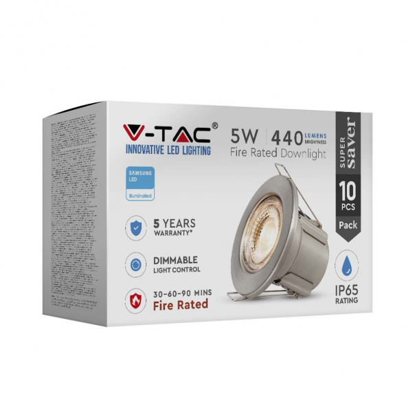 5W Oprawa wpuszczana Spot ognioodporna / Chip SAMSUNG / Barwa: 4000K / Nikiel / Opakowanie: 10szt. - 218891 - V-TAC