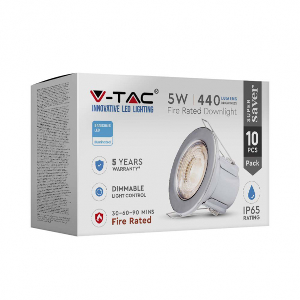 5W Oprawa wpuszczana Spot ognioodporna / Chip SAMSUNG / Barwa: 4000K / Chrom / Opakowanie: 10szt. - 218914 - V-TAC