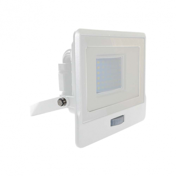 30W Naświetlacz LED SMD z czujnikiem ruchu i mufą kablową / Chip SAMSUNG / Barwa:3000K / Obudowa: Biała - 20274 - V-TAC