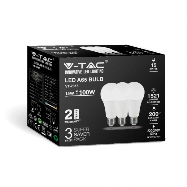 15W A65 Żarówka LED / Barwa:6500K / Trzonek: E27 / Opakowanie: 3szt. - 212818 - V-TAC