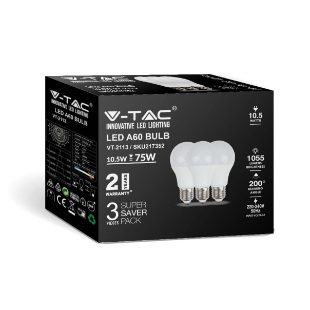 10.5W A60 Żarówka LED / Barwa:3000K / Trzonek:E27 / Opakowanie: 3szt. - 217352 - V-TAC