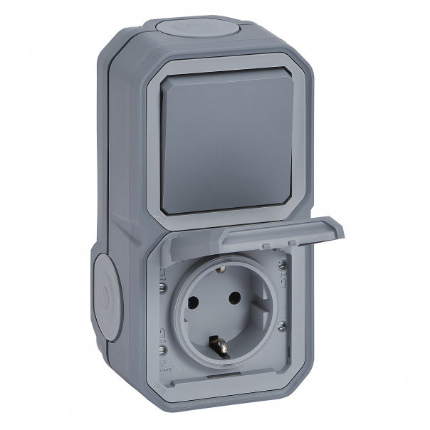 GNIAZDO SCHUKO 2P+Z + ŁĄCZNIK SCHODOWY KOMPLET NATYNKOWY 16A- 250V~ SZARE PLEXO - 069746L - LEGRAND