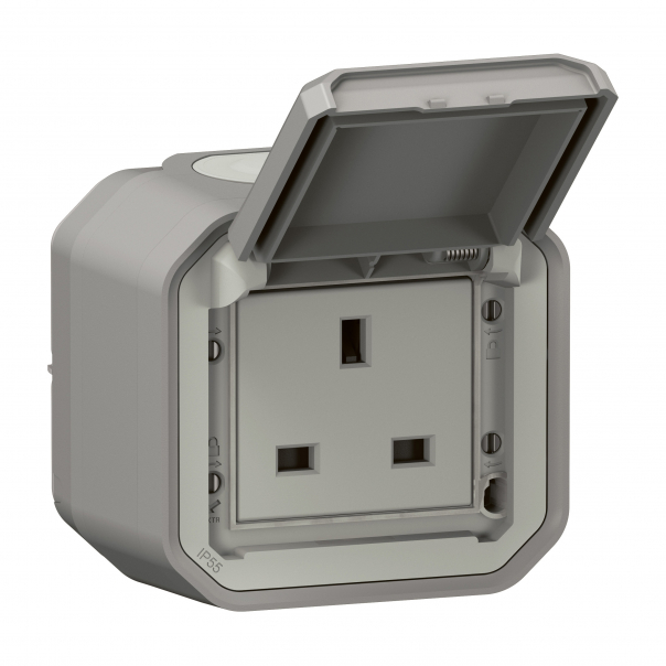 GNIAZDO STD. BRYTYJSKI 2P +Z ZACISKI ŚRUB NATYNKOWE 13A-250V~ SZARE PLEXO - 069732L - LEGRAND