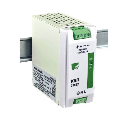 ZASILACZ STABILIZOWANY IMPULSOWY NA SZYNĘ TH35 Z ZABEZPIECZENIEM REGULACJI NAPIECIA IP20 KSR 03612 230/12V DC 36W 3A - 18912-9999 - BREVE